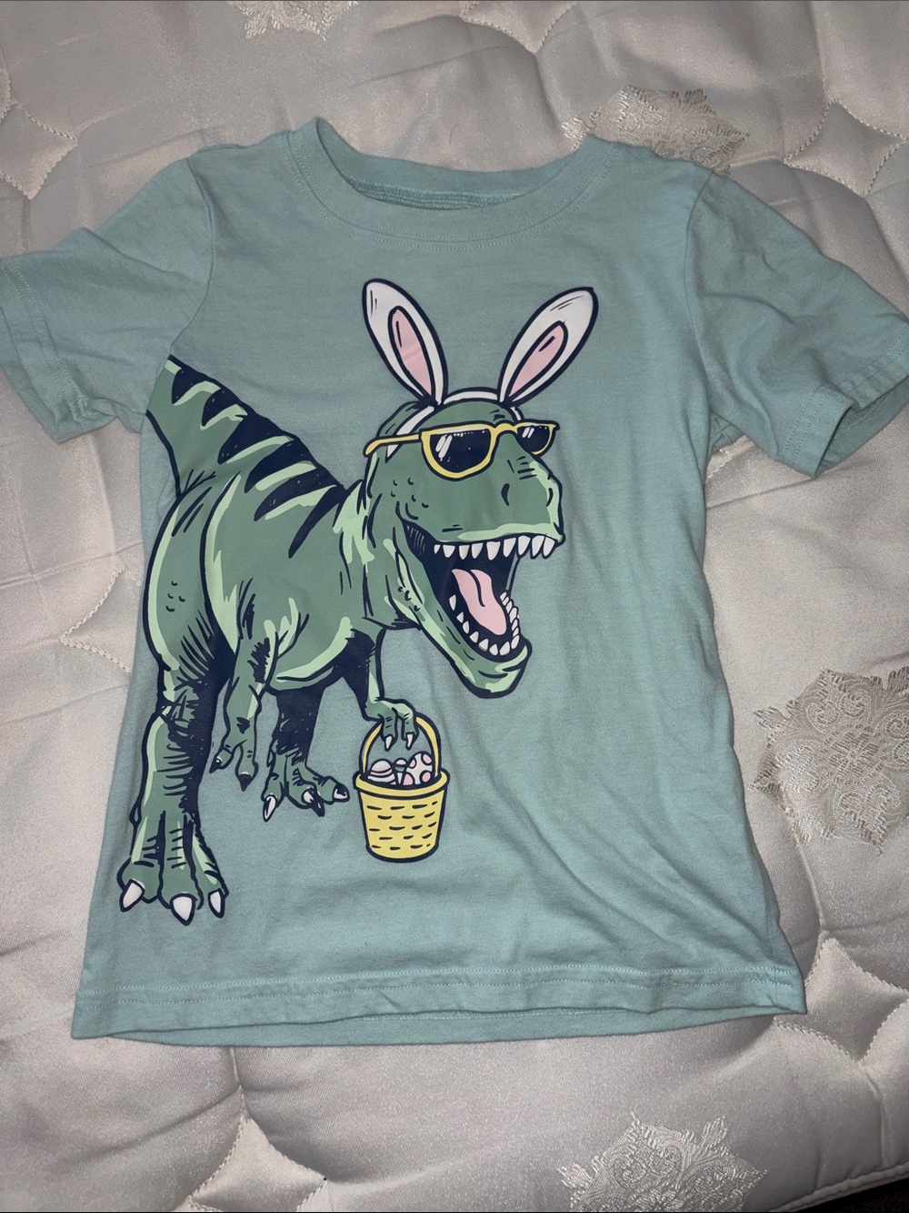 Size 6 - Kids Graphic Dino Easter T-Shirt - Light Teal
